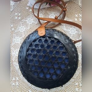 Round Rattan Bag Black With Blue Fabric Lining And Tan Strap